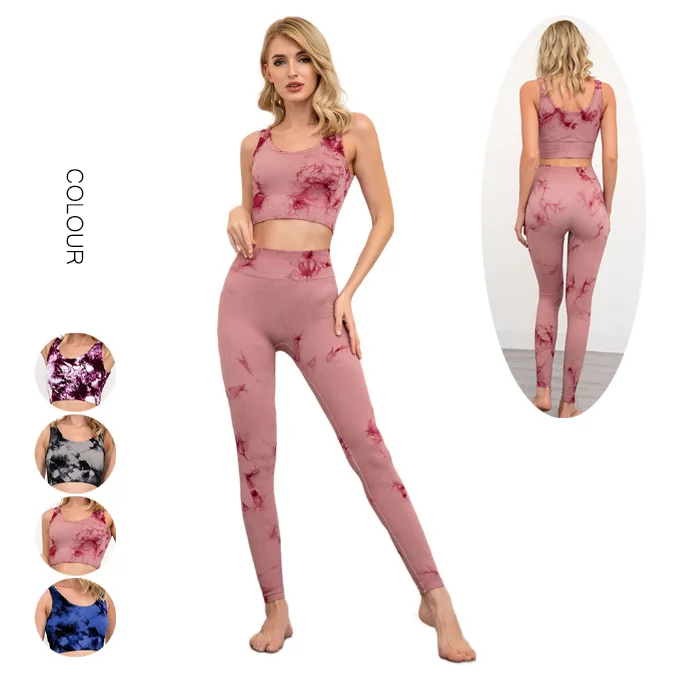 

Wholesales activewear Tie dye 2 piece suit Work Out Running Gym tie-dye Workout bra and seamless yoga pants leggings set