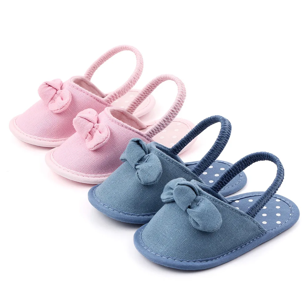 

New elastic band bow-knot cute soft fabric sole girls baby shoes slippers sandals, White/pink/denim