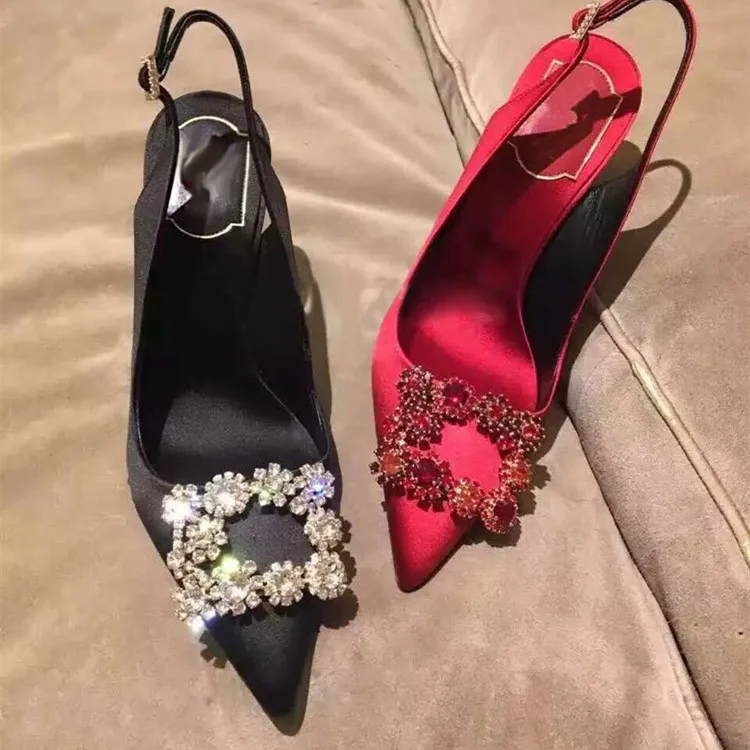 

Red Wedding Shoes Bride Shoes Silk Satin Pointing Heel Shoes Ladies Single Heel Diamonds Square Clasp Retarded Straps Sandal