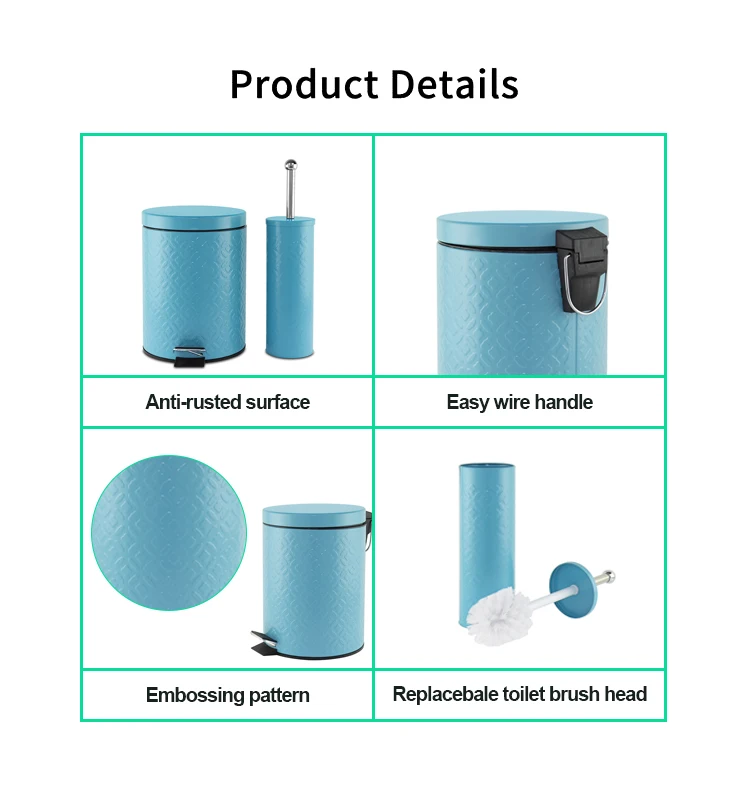 Embossing Metal Pedal Bin With Toilet Brush For Bathroom 2 Pcs Bathroom Accessories Waste Bin