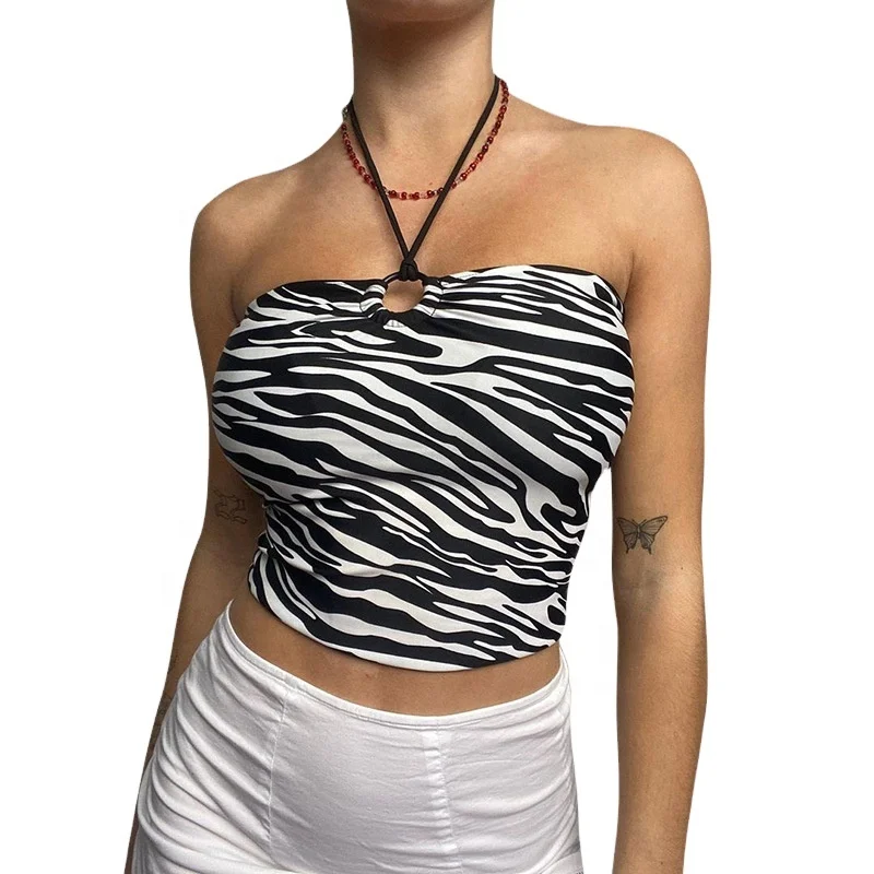 

trendy clothing women y2k zebra print halter neck crop tops for girls adults