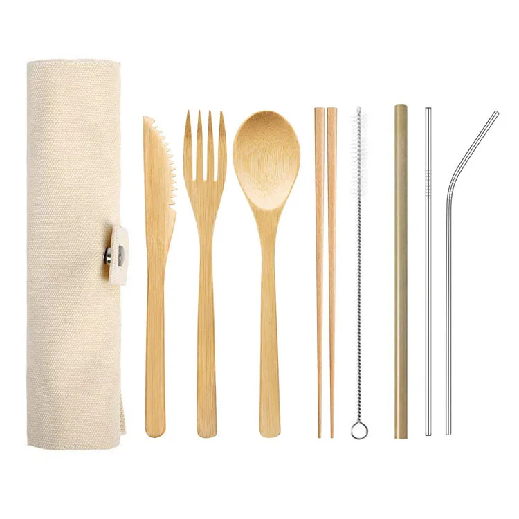 

Biodegradable Bamboo Straw Toothbrush Spoon Fork Knife Travel Wooden Bamboo Cutlery Set