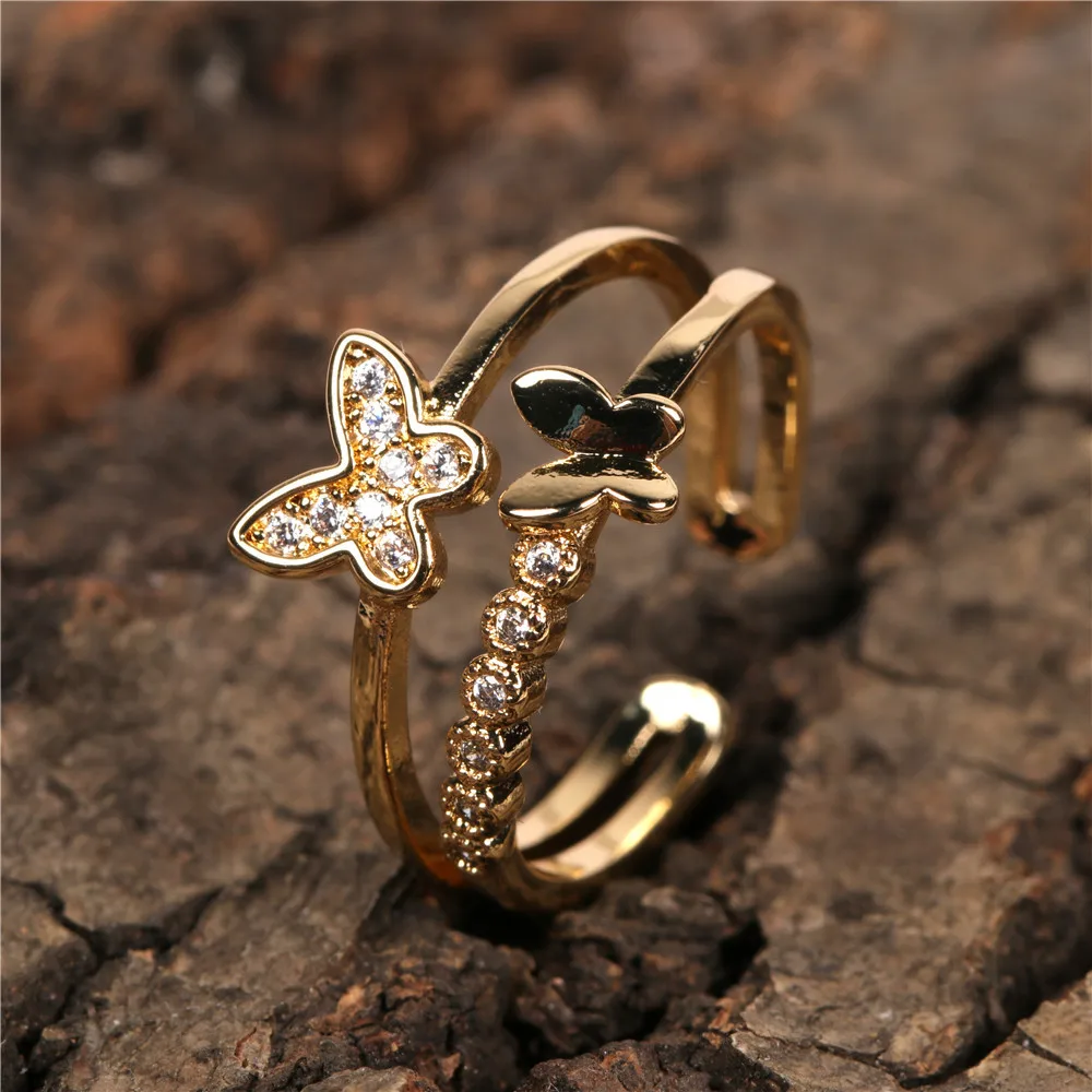 

New Arrival Women Jewelry Butterfly Ring Adjustable Double Row CZ Zirconia Butterfly Opening Ring, Gold