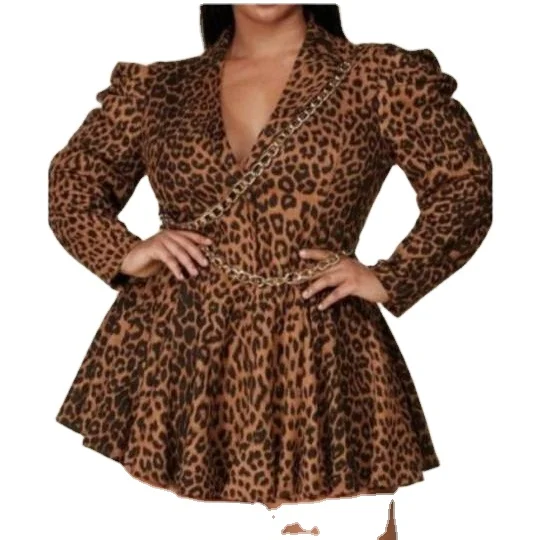 

LLDRESS Elegant Sexy Plus Size Long Sleeve Dress For Women Ladies Leopard Print Button Puffy Sleeve Dress Fall, Picture color