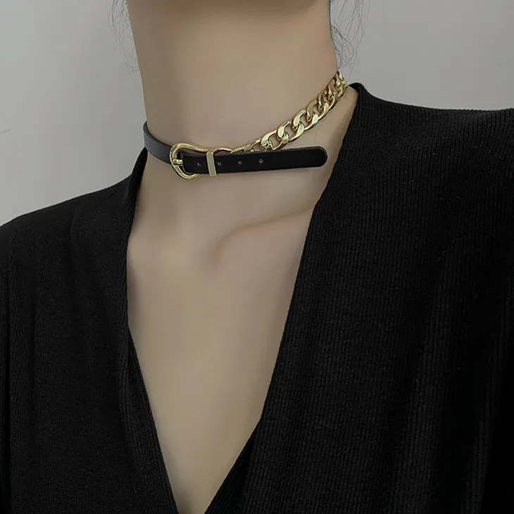

Cool Girls Two in One Jewelry Fashion Chain Link Leather Necklace