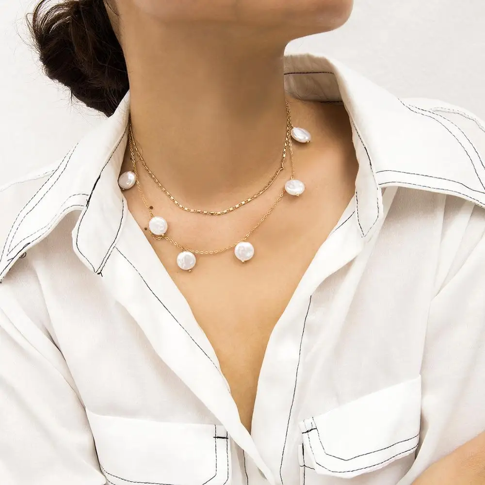

Geometric Joker Set Double Chain Pearl Pendant Necklace Jewelry Women