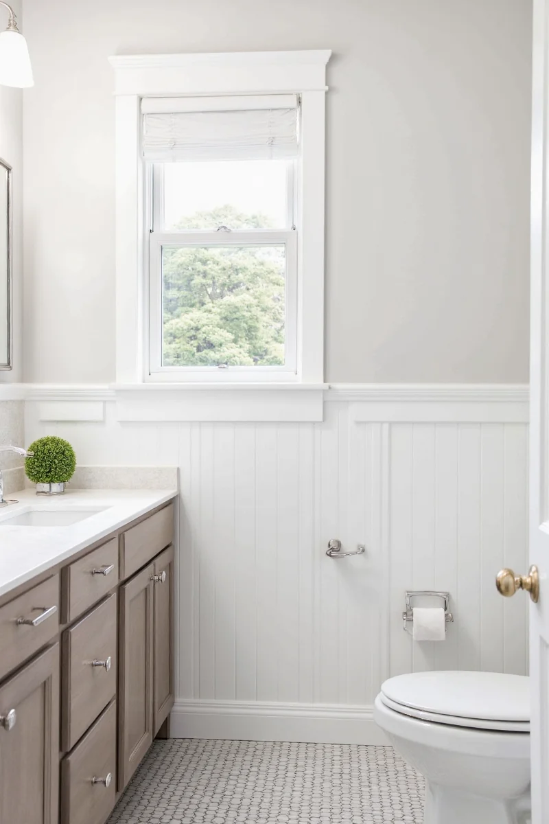 Waterproof beadboard panels in a modern bathroom