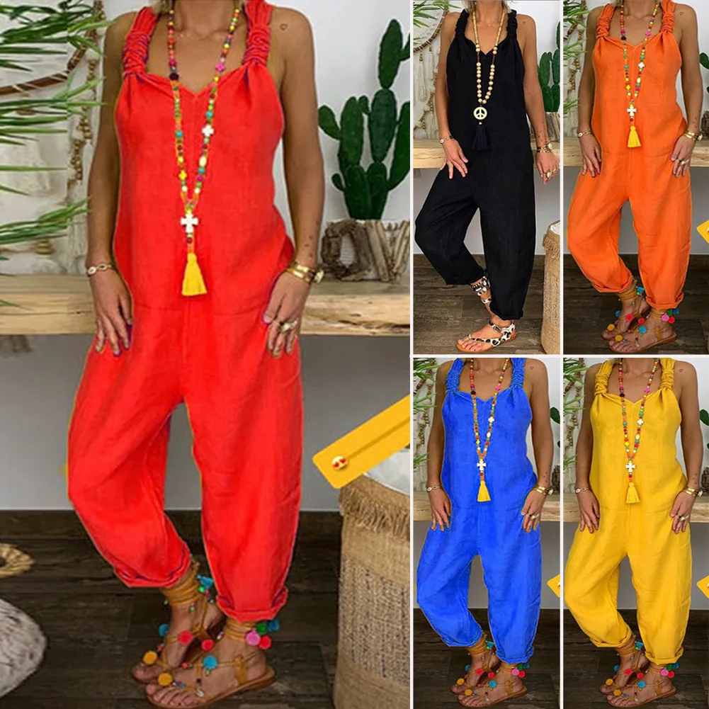 

2021 new European and American fashion women's loose casual large size linen one-piece overalls