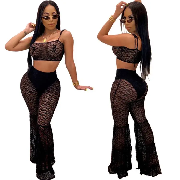 09AF339 cheap price wrap top flared pants lace see through sexy club  2 Piece pant Set Women Fall 2020