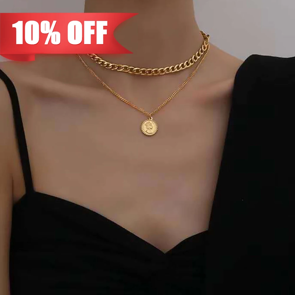 

PVD plated jewelry cadena cubana hip hop 18K gold plated cuban chain women stainless steel layered necklace coin