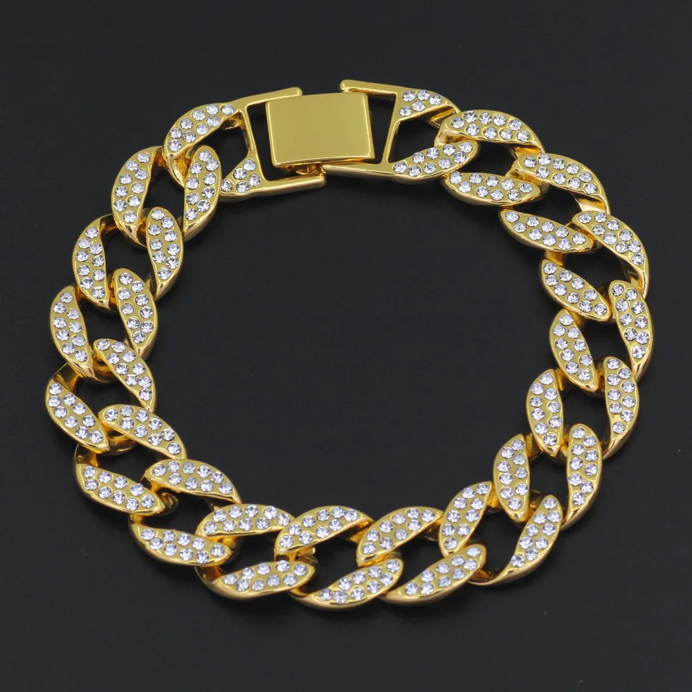 

2021 Silver Gold Plated Prong Setting Cuban Link Bracelet Hips Hops Pave Full Diamond Cuban Link Bracelet For Men