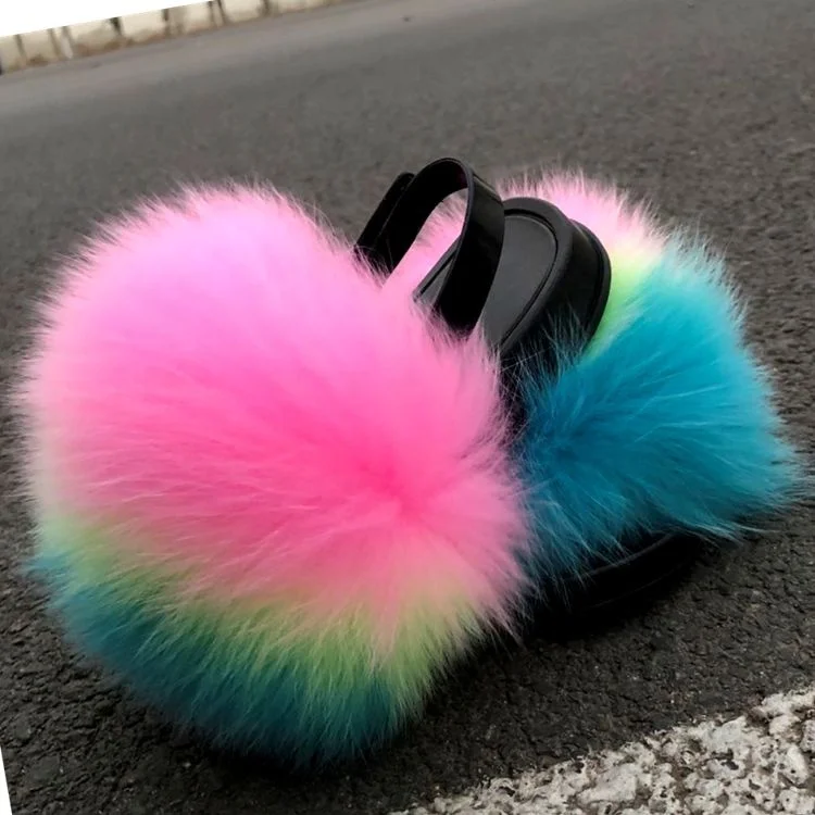 

2021 fur slides for kids toddler fur slides slippers costom fox raccoon fur slides, Customized color