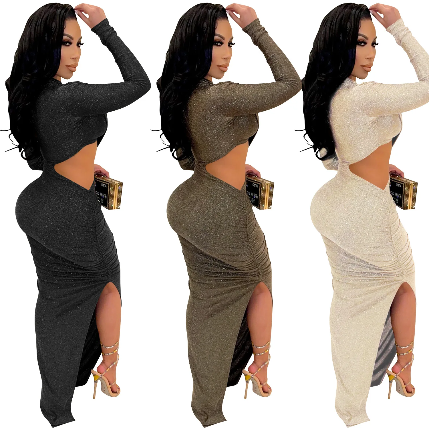 

Hollow Out Trendy Long Sleeve Nightclub Maxi Long Dresses Sexy See Through Women Bodycon Dress Fall, Picture color