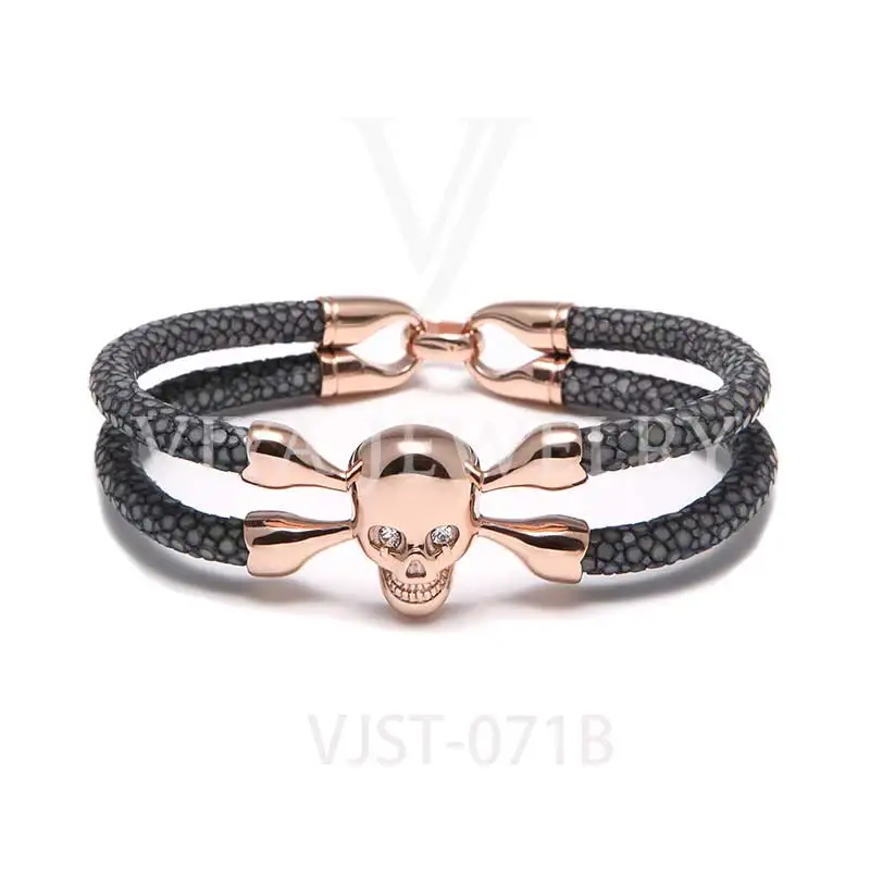 

Fashion Personalized Skull CZ Men Bracelet Genuine Stingray Leather Bracelet, Multi-colors