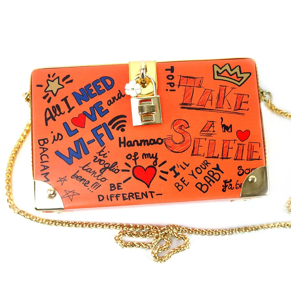 

Popular Letter Graffiti Box Design Female Pu Leather Women's Party Clutch Bag Shoulder Bag Handbag Crossbody Messenger Bag Flap, Orange/black/white/pink/green/purple/gray/red