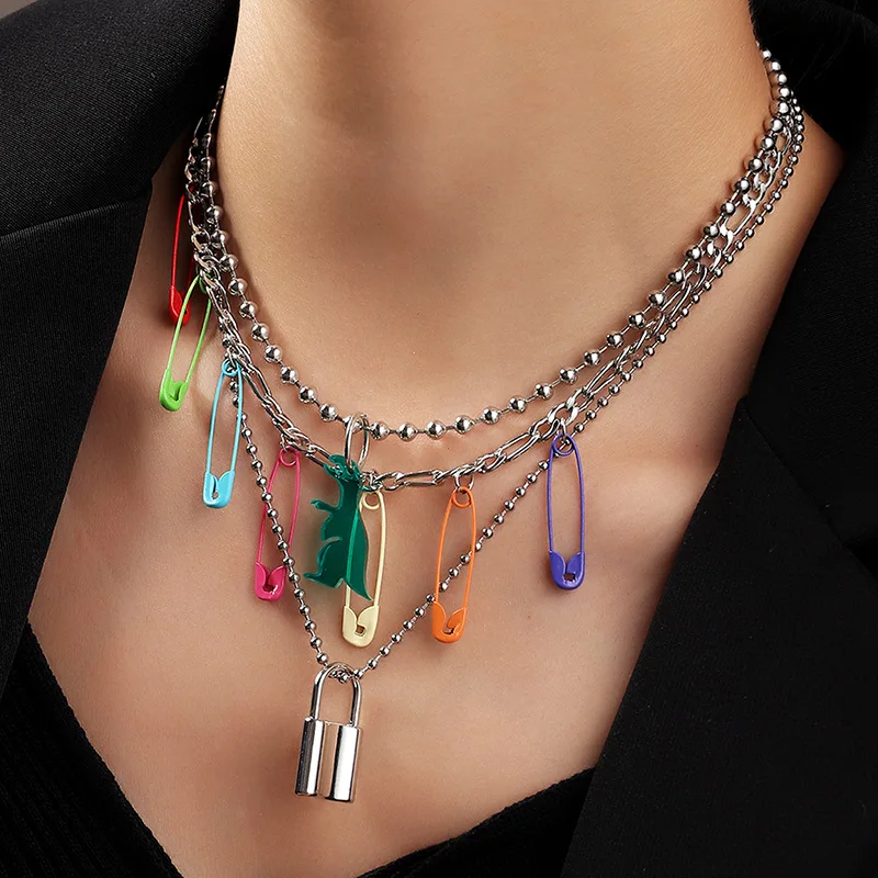 

Hot Sale Multilayer Silver Bead Chain Punk Colorful Safety Pin Lock Pendant Necklaces Egirl Eboy Women Pendant Necklace