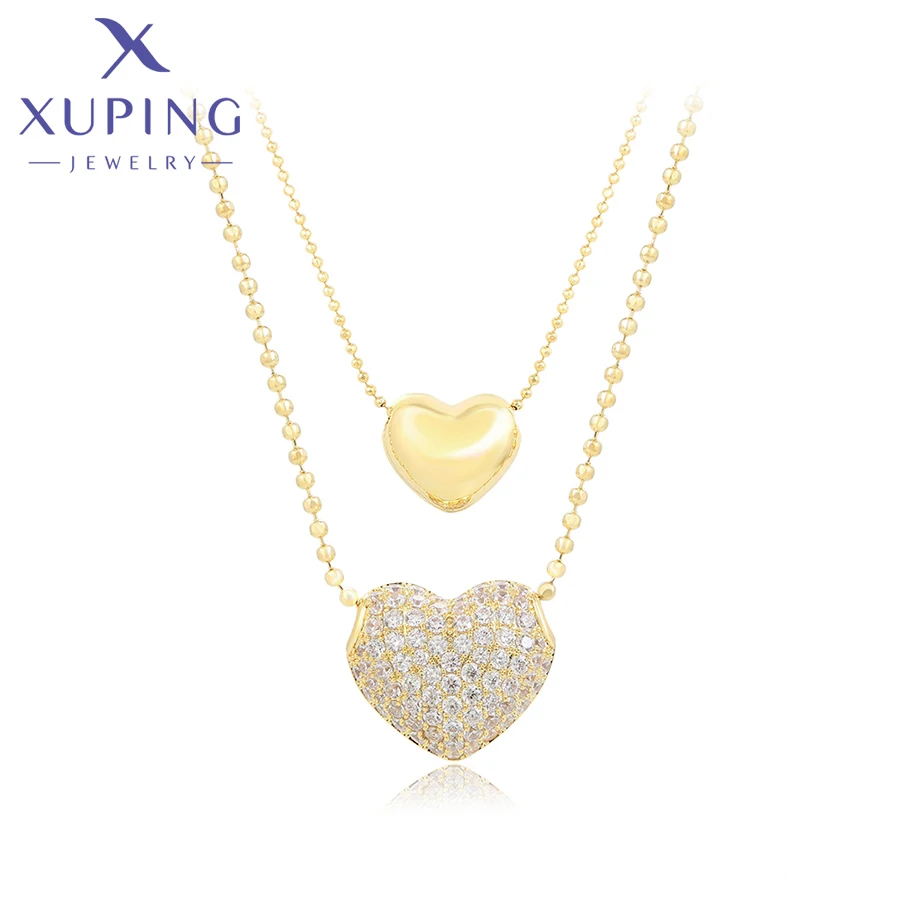 

YMearring-01688 xuping jewelry fashion simple necklace 14K gold color elegant heart shape cute elegant double chain necklace