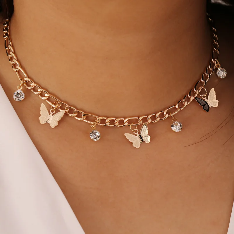 

Amazon Hotselling Simple Women Butterfly Choker Necklace Clavicle Chain Crystal Butterfly Choker Necklace, As picture shows