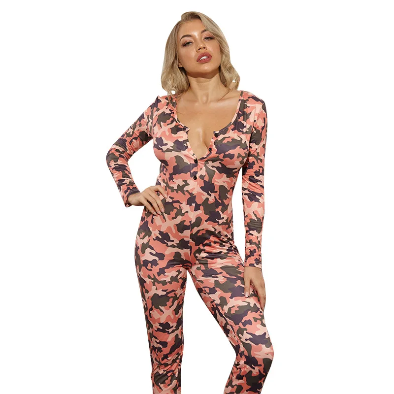 

Fashion Causal Long-sleeved Long Pant Home Wear Pajamas Pink Sexy Deep V Camouflage Jumpsuit Ladies Onesie