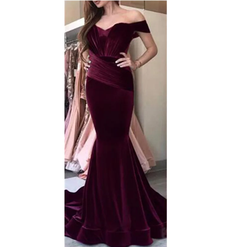 

Sexy Velvet Bare Shoulder Maxi Sheath Trumpet Lady Party Evening Dress, Green,wine red,blue,silver