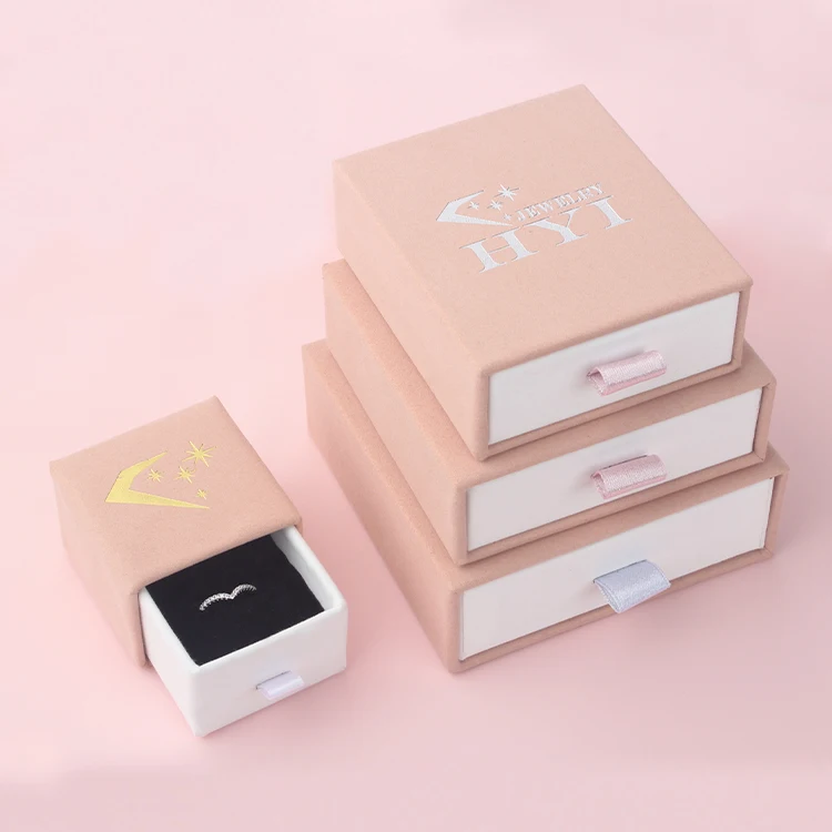 

Custom Logo Luxury Drawer Ring Necklace Box Pink Velvet Jewelry Packaging Box, Customized