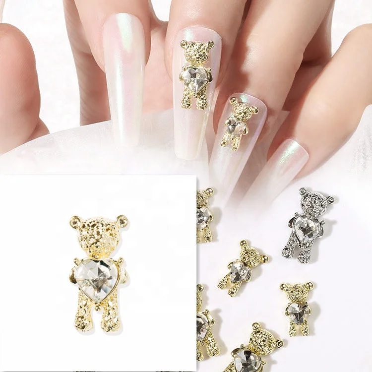 

2021Trend Bear Charm Love Heart Metal Alloy Nail Jewelry Decoration Bear Zircon Color 3d Nail Art Charms
