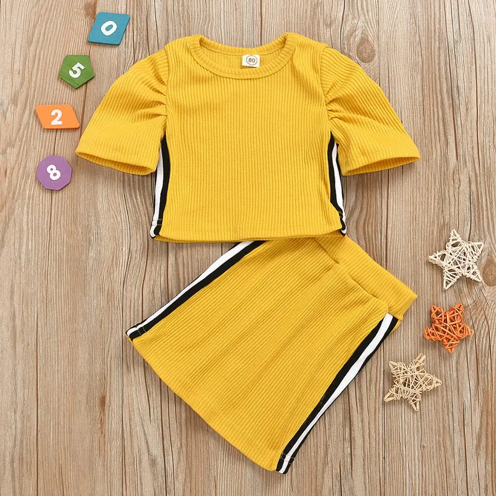 

2020 New Summer Toddler Girl Clothing Set Kid Girl Yellow Solid Stripped Top + Skirt 2pcs Children Girl Fashion Outfit Garment