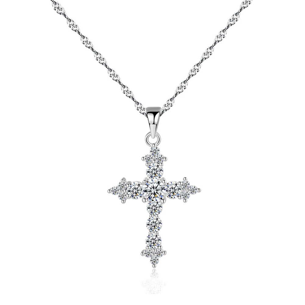 Dainty Chain Link Cubic Zircon Religious Pure 925 Sterling Silver Cross Pendant Necklace for Women