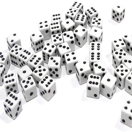 

Plastic  dice with black pips for taching math,magic, White,yellow,red, green