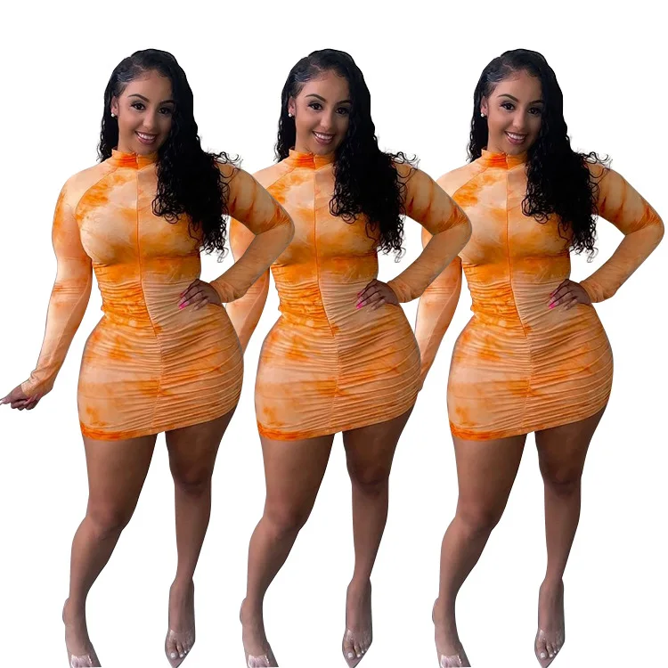 

Women's Fashion Sexy Round Neck Long Sleeve Pleated Printed waist waist solid color One-piece deep v-neck slim long sleeve Short, 1 colors