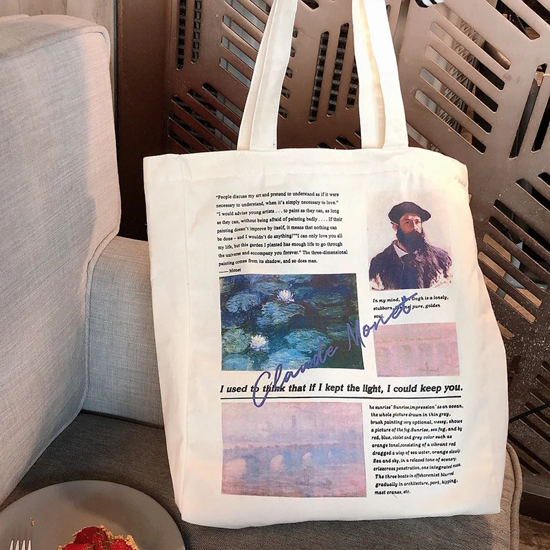 

2021 summer Literary custom vintage printed canvas bag lady daily shopping cloth bag wholesale, Customized color