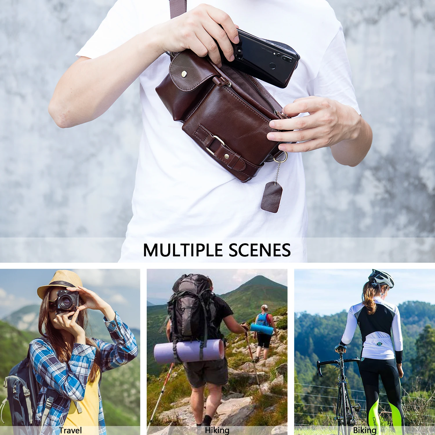 
Drop Shipping 9080 Real Leather Men Cross-Body Hiking Waist Bag Retro Outdoor Adult genuine leather Waist Bag 