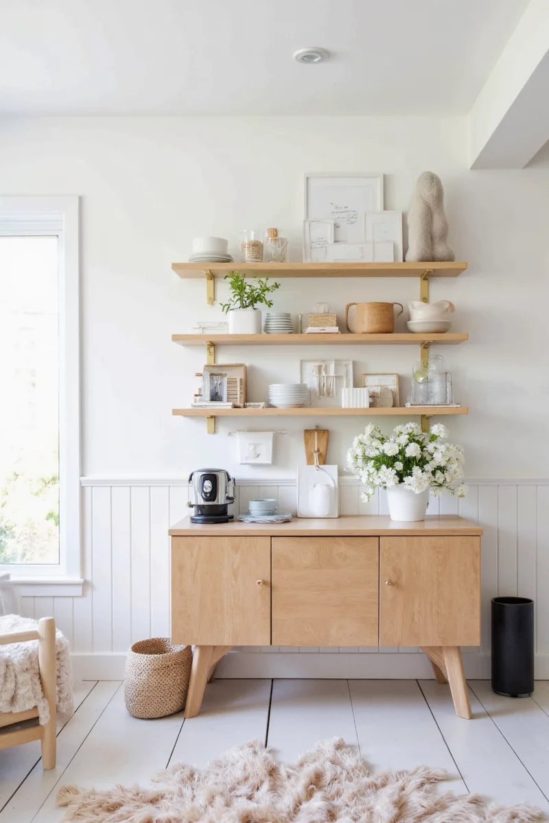 Modern wooden shelves in a bright family kitchen