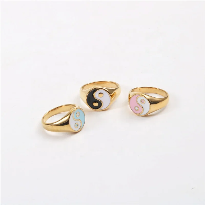 

Fashion Stainless Steel Enamel Signet Ring 18K Gold Plated Yin Yang Ring For Women, As the picture