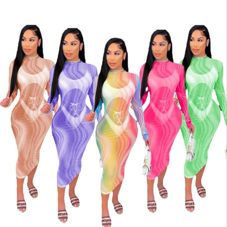 

Personality rainbow print long sleeve tight hip wrap maxi dress sexy perspective gauze mesh dress women 2021, As pics