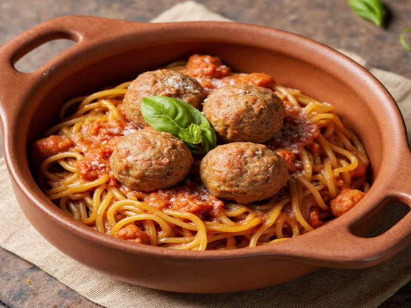 Homemade spaghetti and meatballs in ceramic bowl