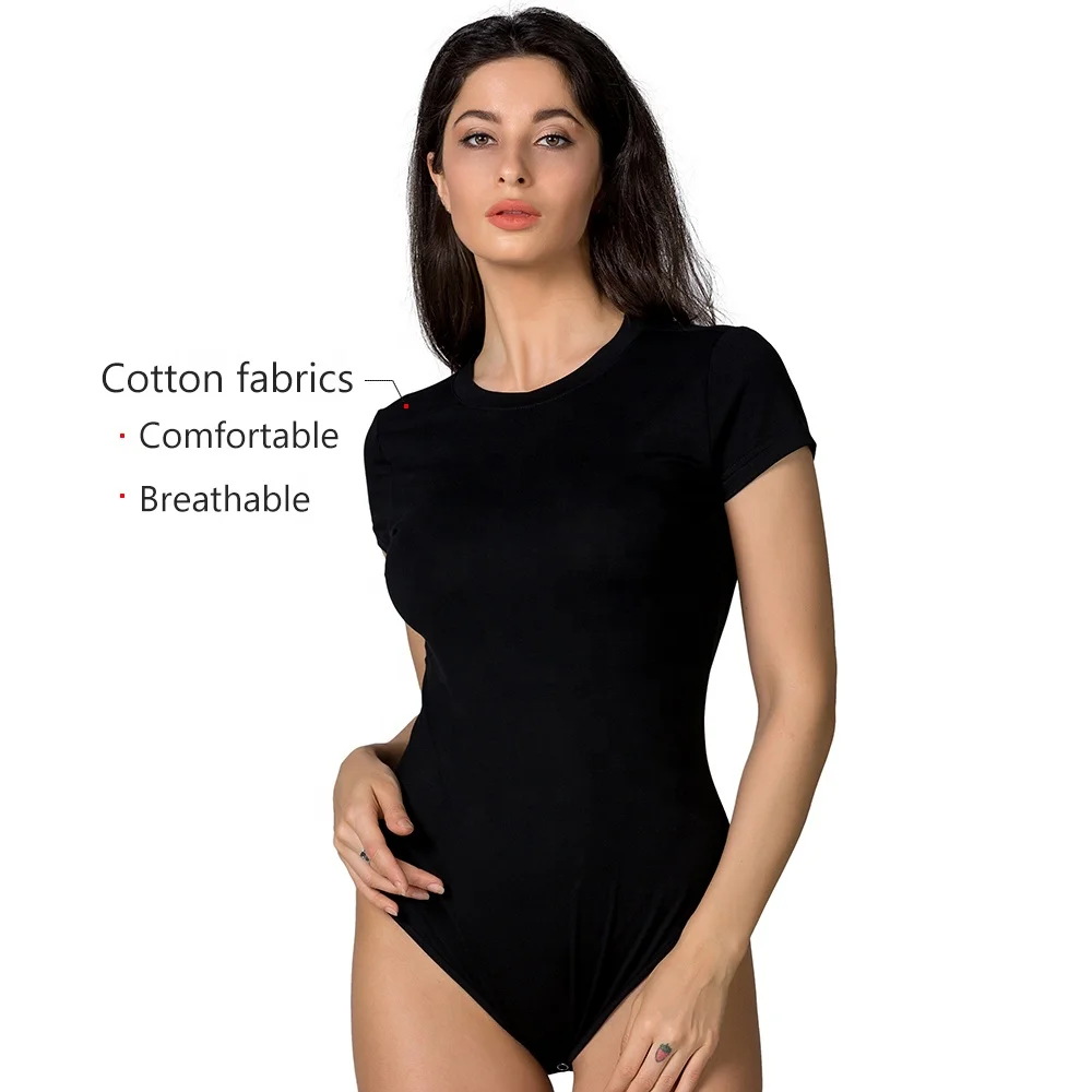 

Wholesale Custom Short Sleeve Black Cotton T Shirt O Neck Womens Spandex Sexy Basic Bodysuit, Black/ white/ orange