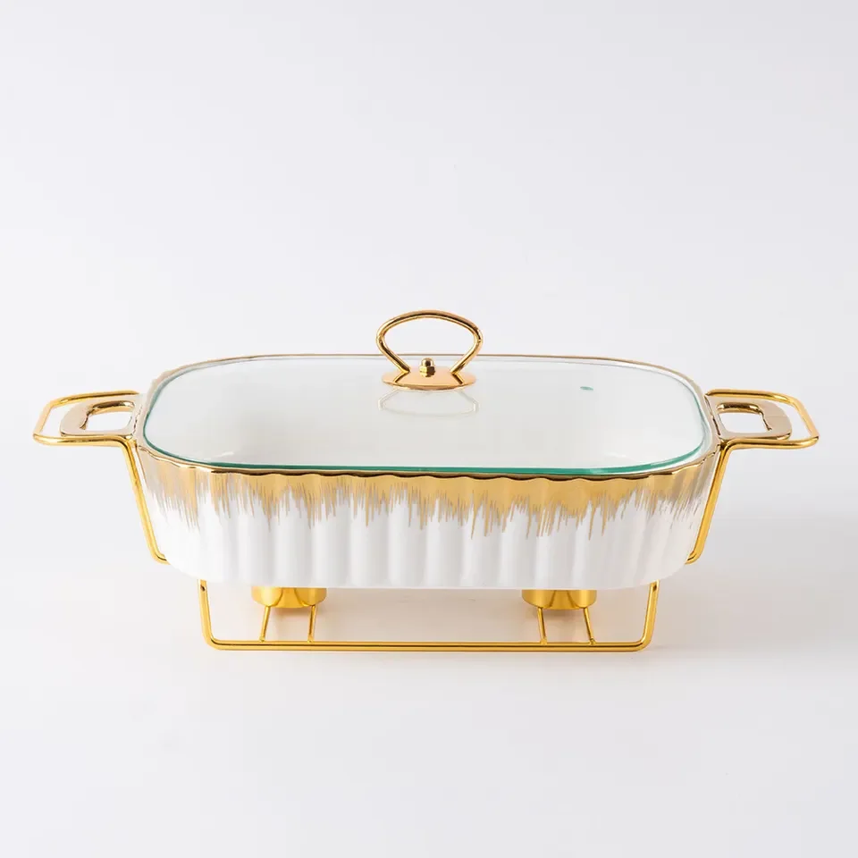 

Rectangular Porcelain Casserole Warming Trays for Food Chafers and Buffet Warmers Sets Gold Plating Serving Dishes