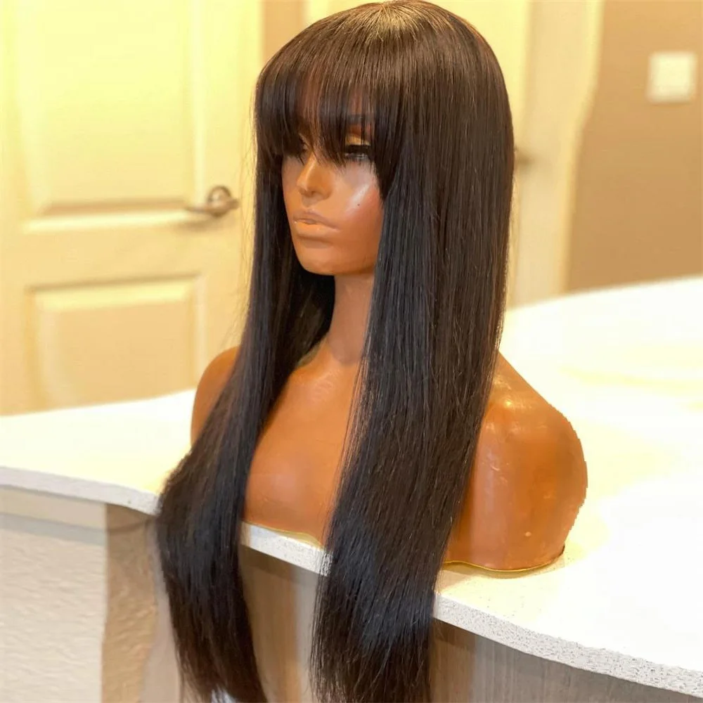 

Real Hair Lace Frontal Wig Straight With Bangs Supplies Raw Indian Hair Vendor From India Fringe Wigs Human Hair Bangs Wigs