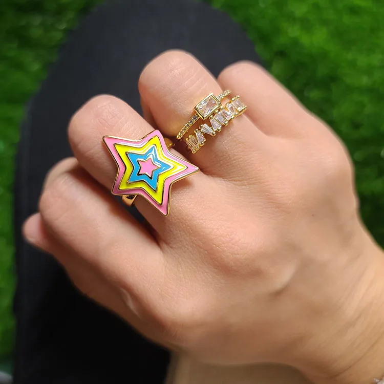 

RM1130 Chic 18k Gold Plated Colorful Enamel Rainbow Star Rings,Baguette CZ Double Band Rings for Ladies