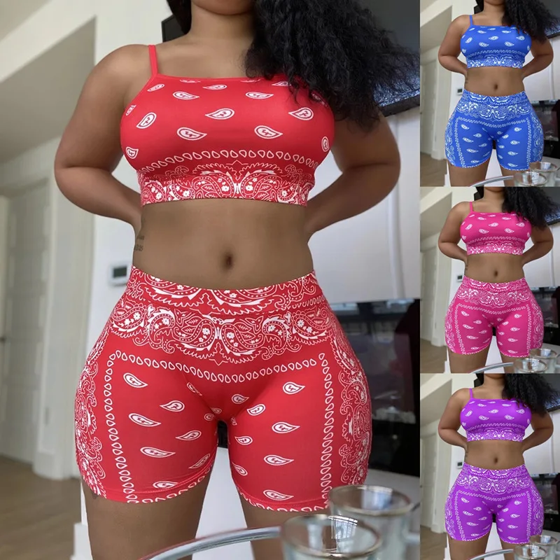 

2021 Summer Custom Lounge Yoga Perlis Cashew Print Biker plus size Bandana short pants two piece for women
