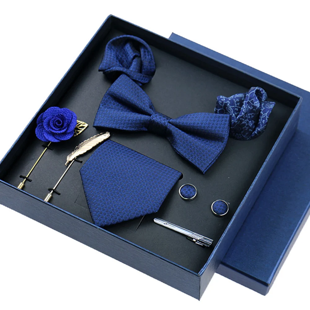 

Hot Selling 8 Pieces Necktie Set Men's Tie Set Gift Box Silk Handkerchief With Cufflinks Cravats For Men