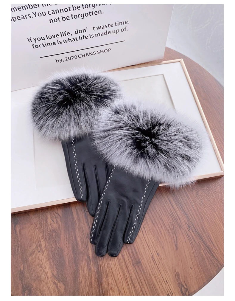 
Ladies winter leather sheep leather warm fox fur stylish and elegant touch screen gloves 