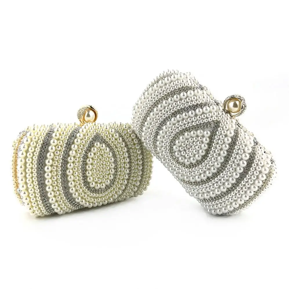 

2021 Luxury Crystal Evening Clutch Bag Women Oval Shaped Pearl Beaded Handbag Ladies Wedding Purse Party Rhinestones Pearl Bag, As pictures