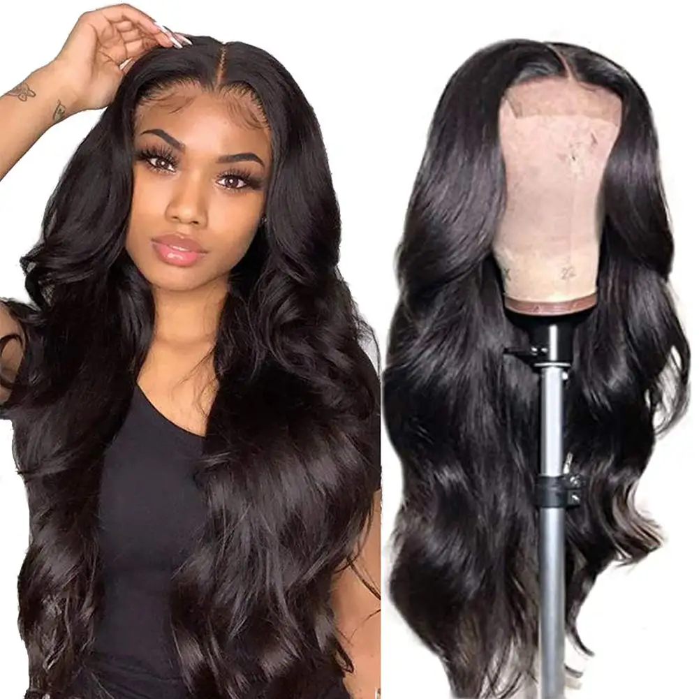

Free Shipping 200% Density Virgin Brazilian Human Hair 4x4 Lace Closure Wigs, Body Wave Natural Black Lace Wig