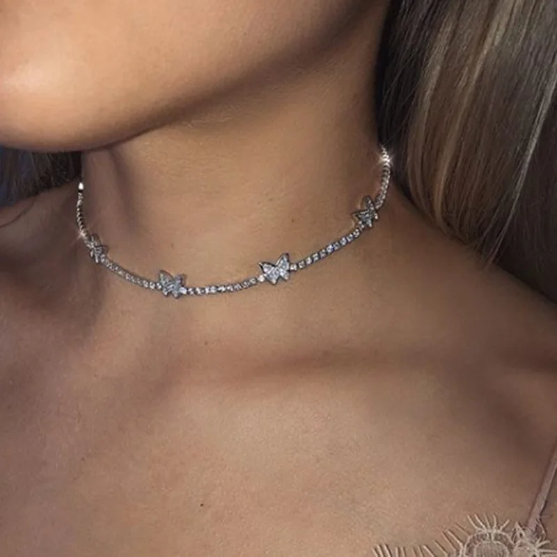 

Elegant Tennis Chain Mini Butterfly Charm Clavicle Chain Necklace Beautiful Crystal Diamond Small Butterfly Choker Necklace, As picture
