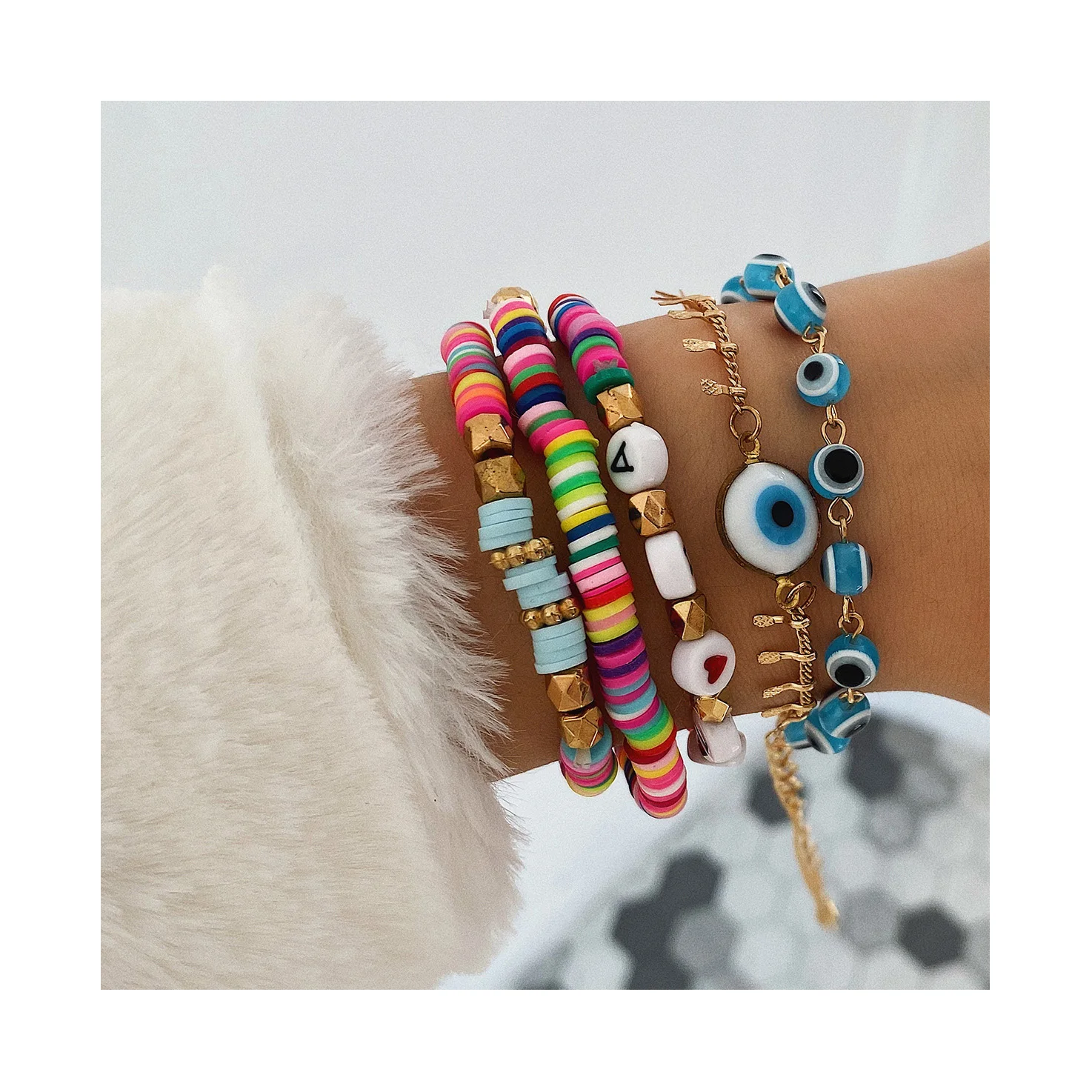 

Bohemian Gold plated colored clay evil eye letter beaded layer adjustable bracelet for women, Gold, silver,