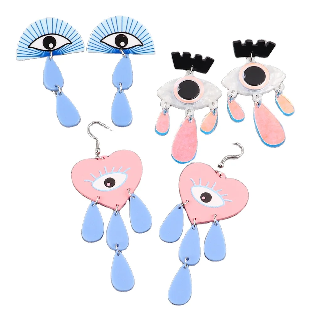 Creative New 2023 Fun Love Eyes Eyelashes Teardrops Tassels Personalized Heart Printed Acrylic Funny Long Earrings Designer