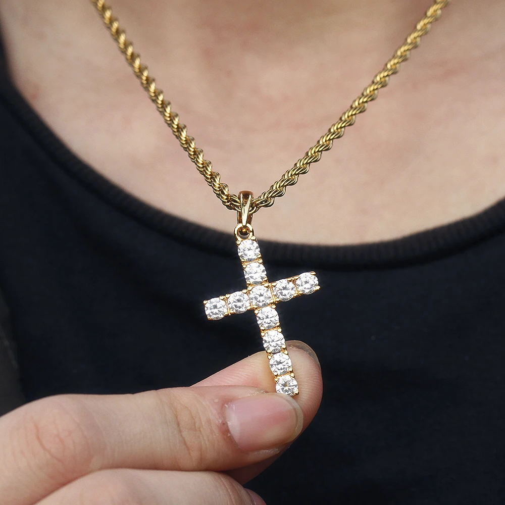 

High Quality Diamond Christian Religion Jewelry Gold Plated Brass Chain Cz Micro Pave Cross Pendant Necklace, Gold silver