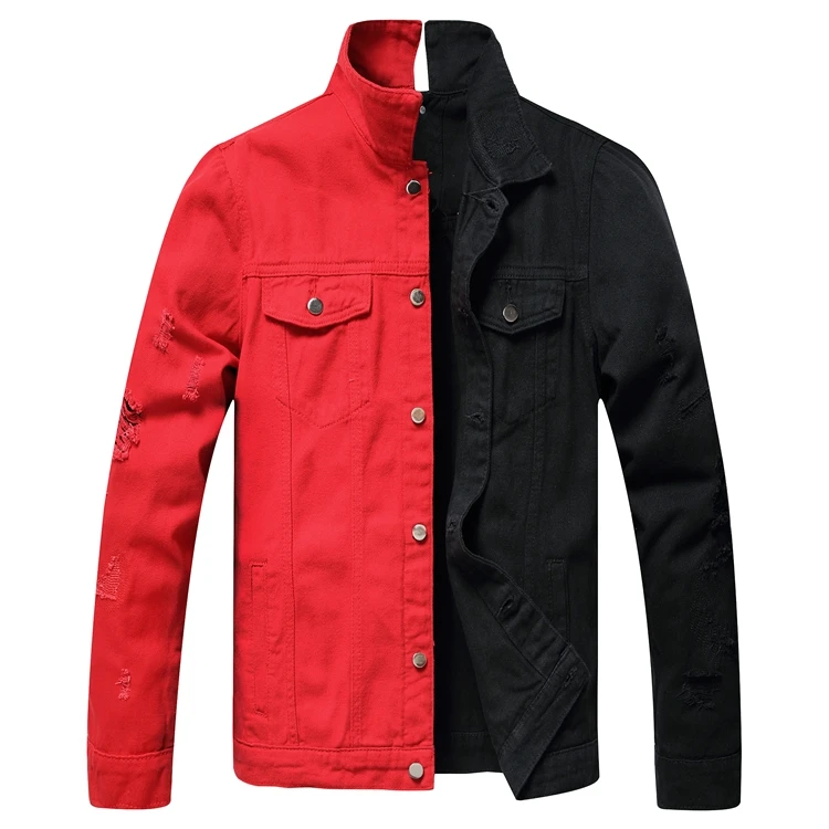 

Manufacture Casual Slim Half Two Tone Street Style Mens Black Red Ripped Denim Jackets